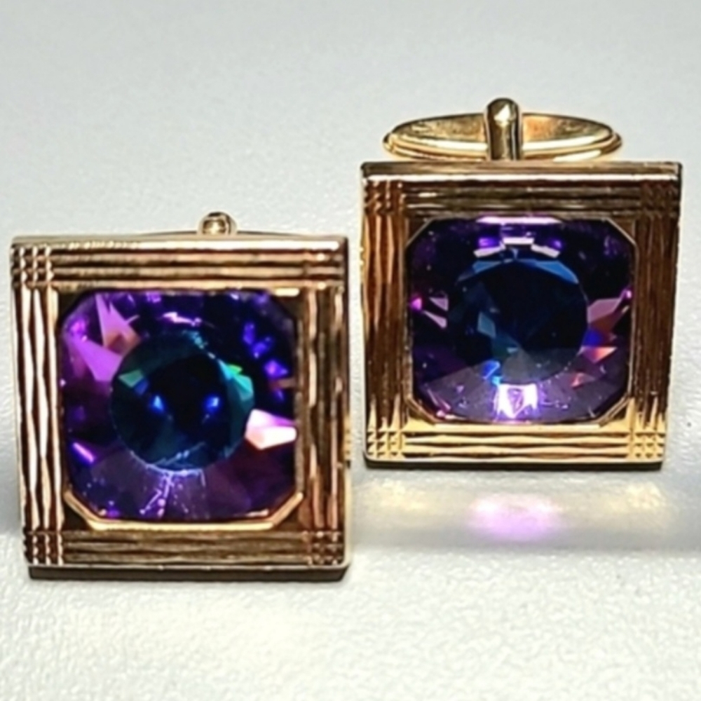 Vintage Rivoli Cufflinks Designer Gold Alloy Blue Purple Square 1960s